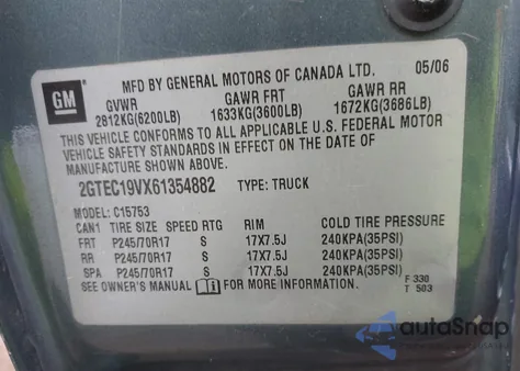 2006 GMC Sierra 1500 Sle1 из США, поврежденный, VIN 2GTEC19VX61354882